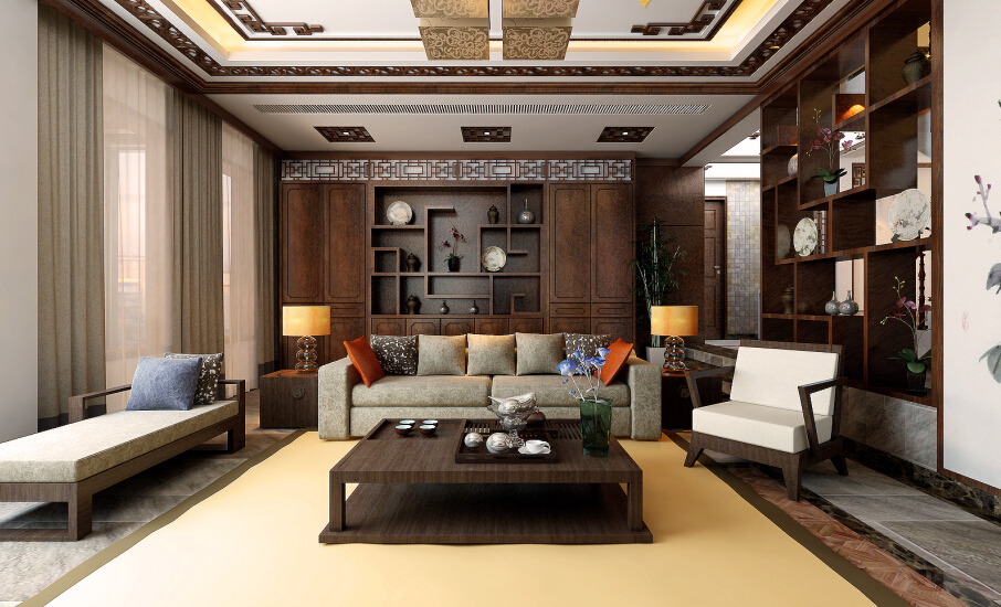 中式客厅沙发展示柜效果图